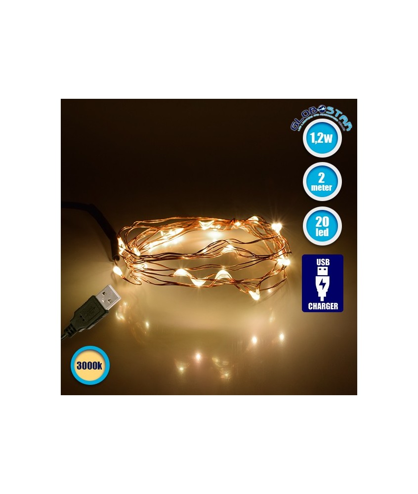 GloboStar® 79720 Διακοσμητική Γιρλάντα 2 Μέτρων 20 LED USB 5 Volt 1.2 Watt με Χάλκινο Συρμάτινο Καλώδιο Θερμό Λευκό 3000K